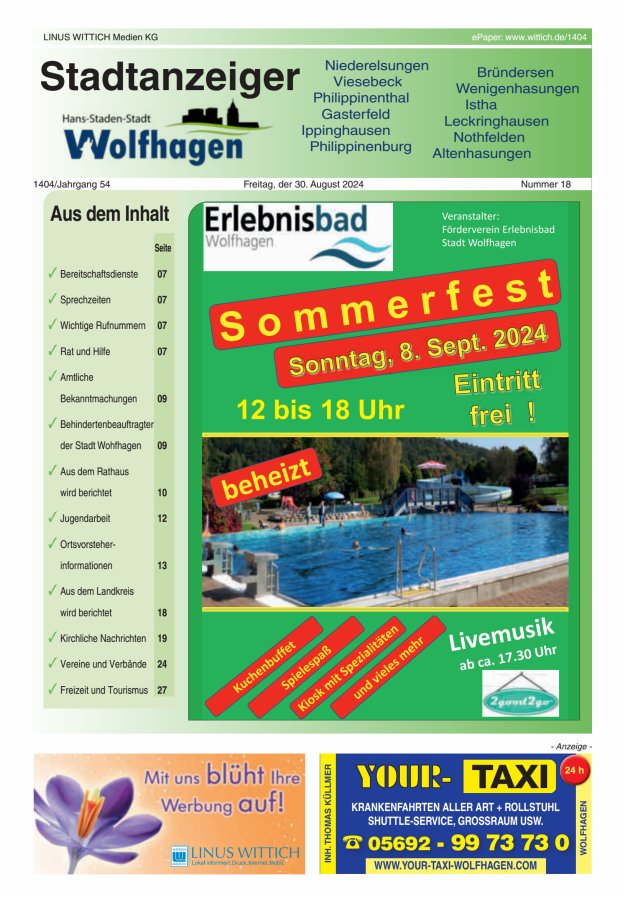 Wolfhager Stadtanzeiger Titelblatt 18/2024