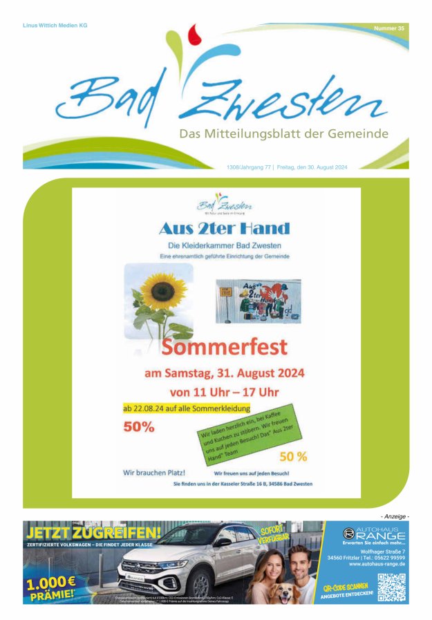 Heimatzeitung Bad Zwesten Titelblatt 35/2024