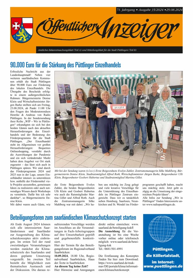 Öffentlicher Anzeiger - Stadt Püttlingen Titelblatt 35/2024