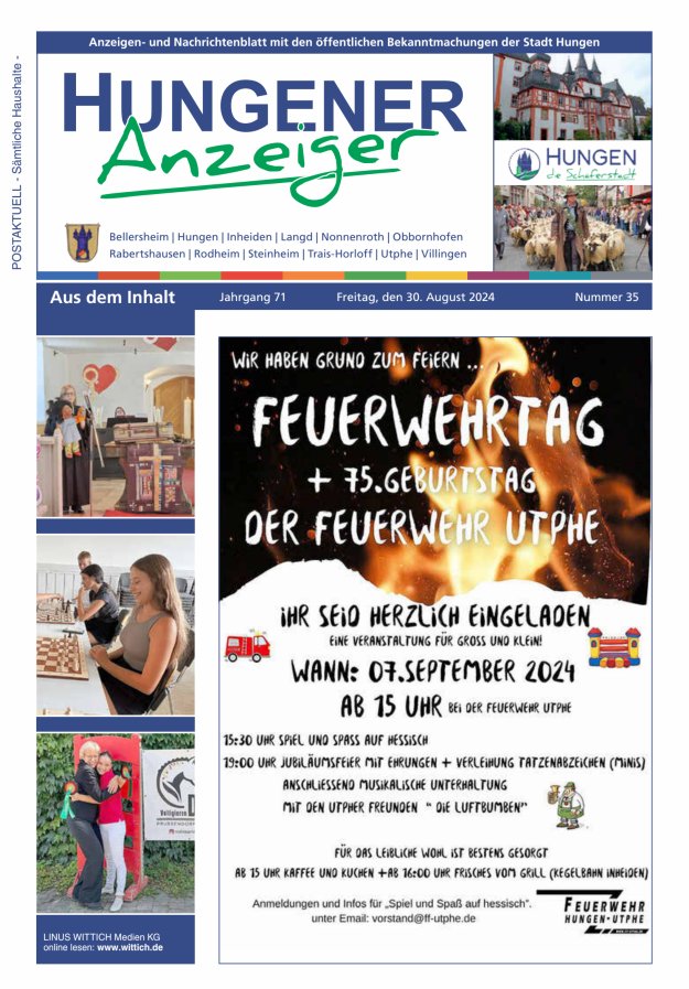 Anzeigen- und Nachrichtenblatt mit den öff  Bekanntmachungen der Stadt Hungen Titelblatt 35/2024