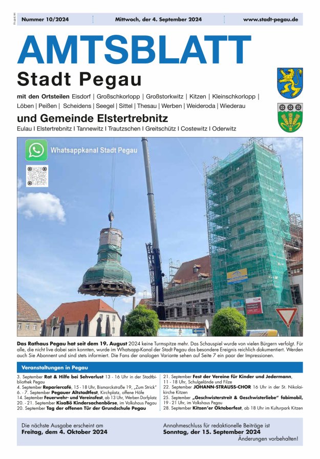 Amtsblatt Stadt Pegau und Gemeinde Elstertrebnitz  Titelblatt 10/2024