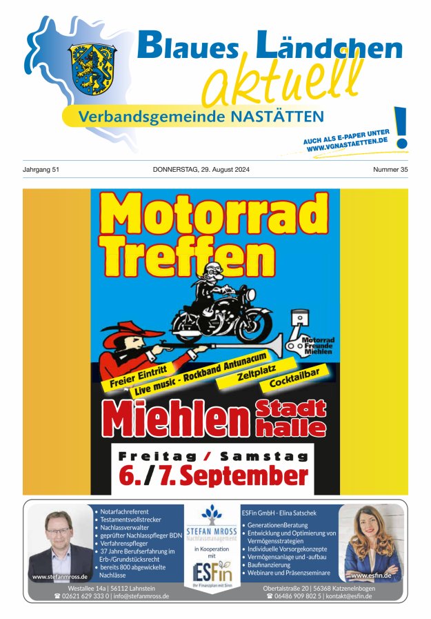 Blaues Ländchen aktuell - Heimat- u Bürgerzeitung VG Nastätten Titelblatt 35/2024