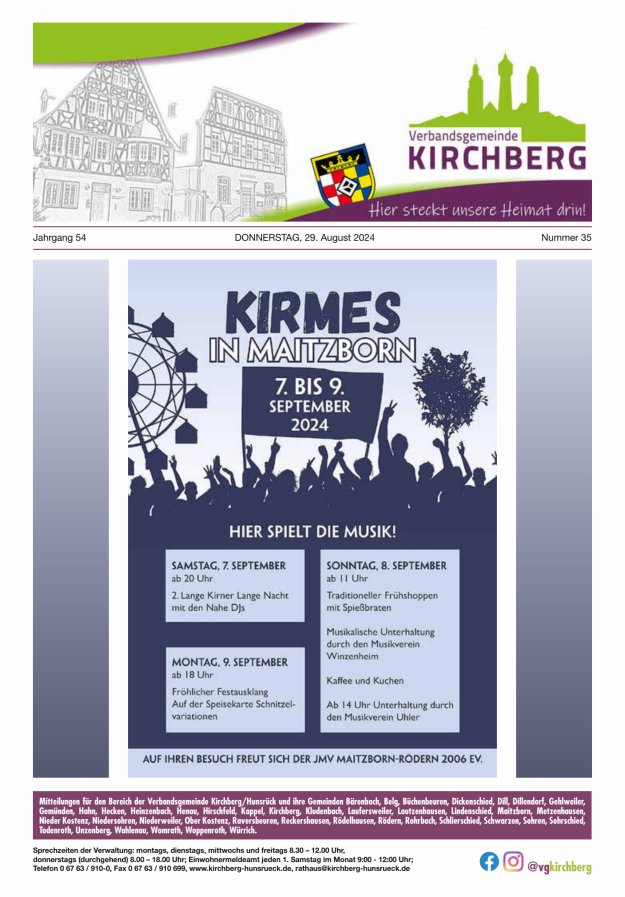 Mitteilungen der Verbandsgemeinde Kirchberg Hunsrück Titelblatt 35/2024