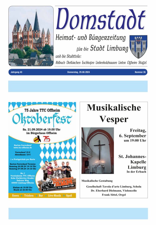 Domstadt - Heimat- und Bürgerzeitung für die Stadt Limburg Titelblatt 35/2024