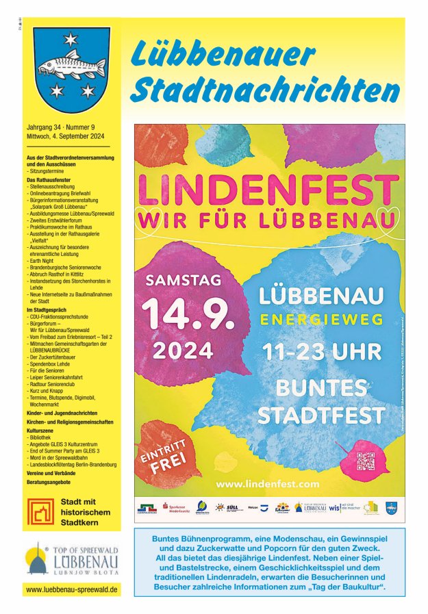Lübbenauer Stadtnachrichten – Amtsblatt für die Stadt Lübbenau/Spreewald Titelblatt 11/2024