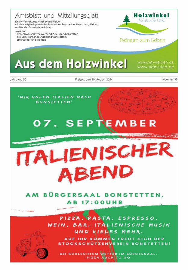 Aus dem Holzwinkel Amtsblatt u Mitteilungsblatt f VG Welden u GemAdelsried Titelblatt 35/2024