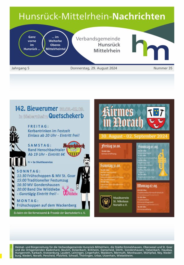 Hunsrück-Mittelrhein Nachrichten Ausgabe Emmelshausen Titelblatt 35/2024