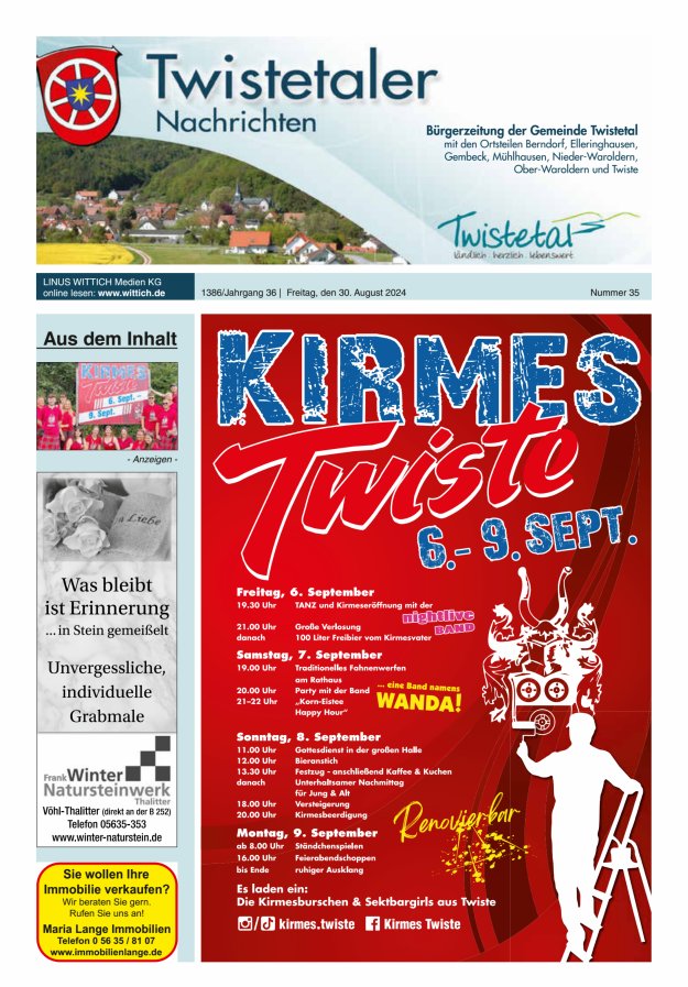 Twistetaler Nachrichten Titelblatt 35/2024