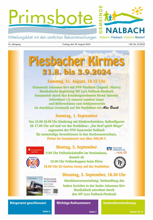 Primsbote Gemeinde Nalbach Titelblatt 35/2024