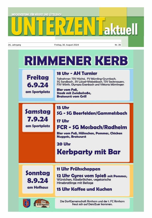 Unterzent aktuell Wochenzeitung für Höchst und Lützelbach Titelblatt 35/2024