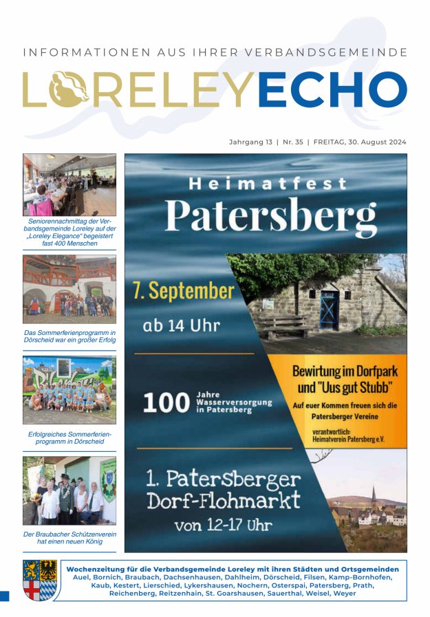 Loreley-Echo - Mitteilungsblatt der Verbandsgemeinde Loreley (Braubach) Titelblatt 35/2024