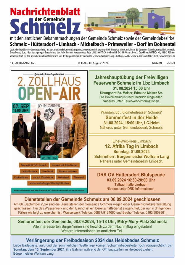Nachrichtenblatt Schmelz Titelblatt 35/2024