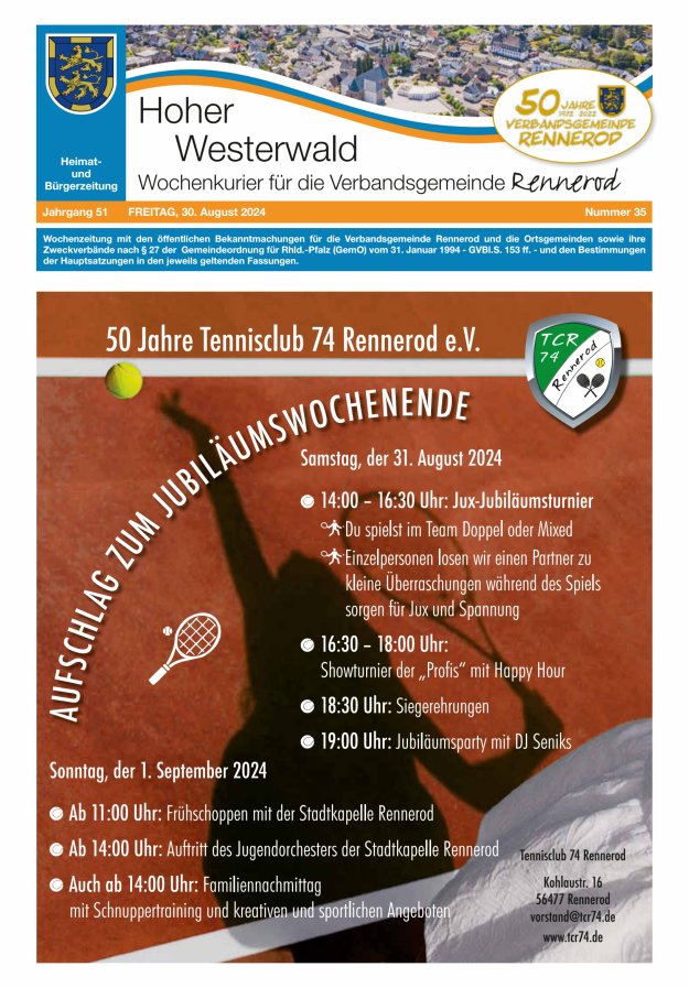Hoher Westerwald - Wochenkurier für die Verbandsgemeinde Rennerod Titelblatt 35/2024