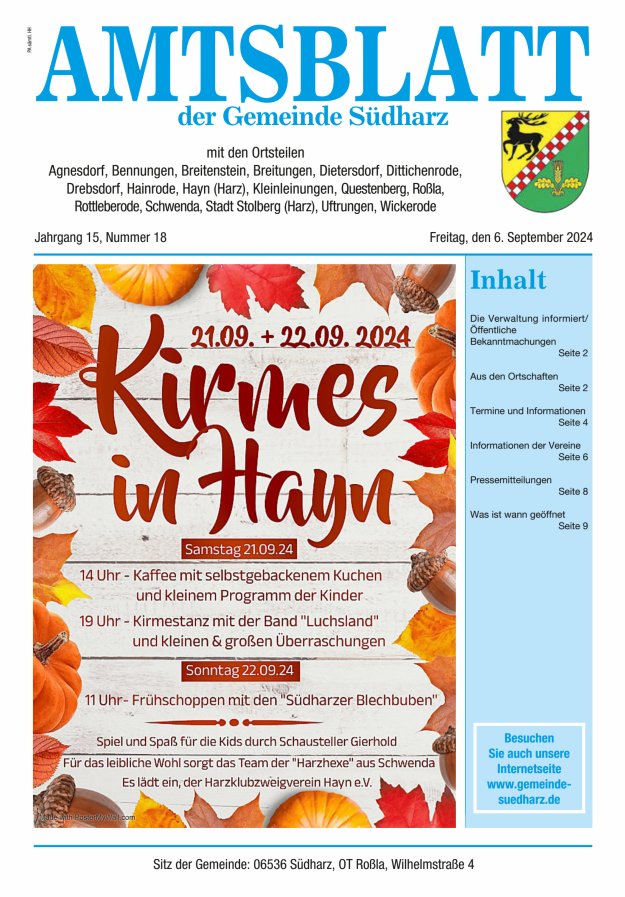 Amtsblatt der Gemeinde Südharz Titelblatt 18/2024