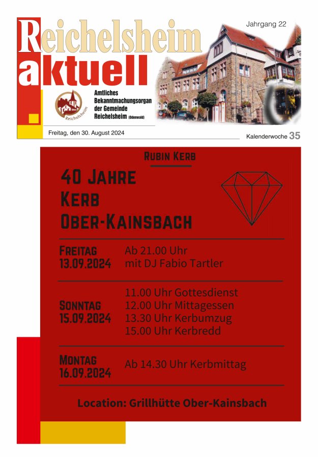 Reichelsheim aktuell - Amtsblatt der Gemeinde Reichelsheim(Odenwald) Titelblatt 35/2024