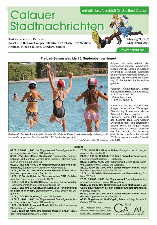 Calauer Stadtnachrichten  Titelblatt 09/2024