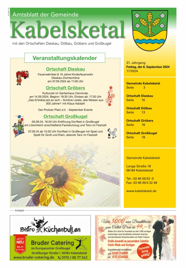 Amtsblatt der Gemeinde Kabelsketal mit den Ortsteilen Titelblatt 17/2024