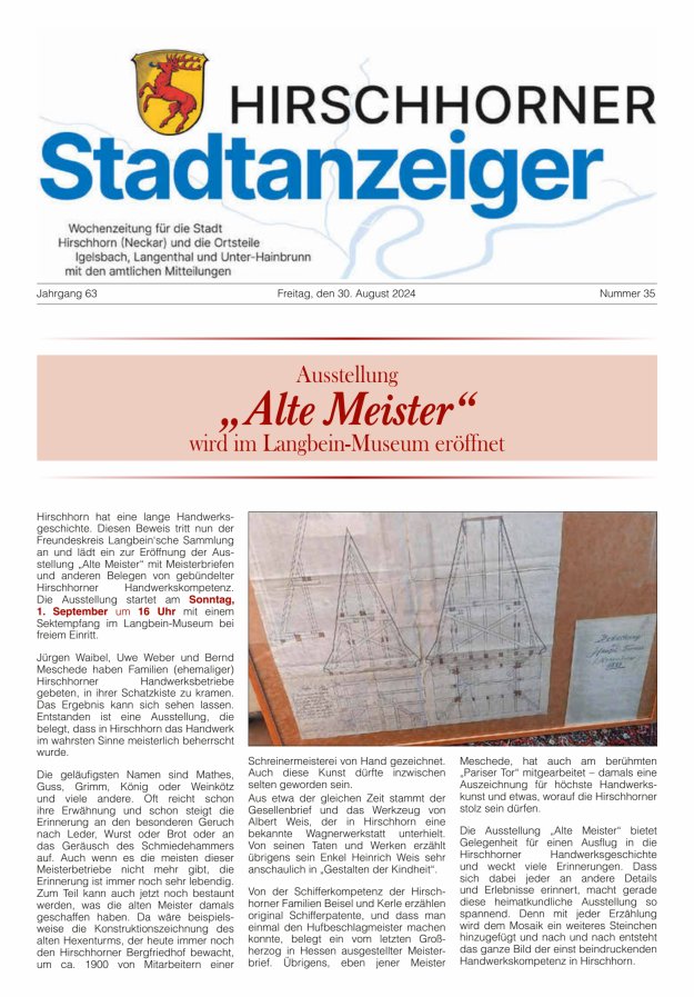 Hirschhorner Stadtanzeiger Titelblatt 35/2024