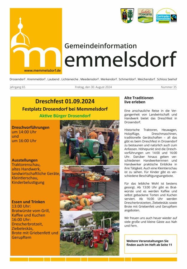 Mitteilungsblatt der Gemeinde Memmelsdorf Titelblatt 35/2024