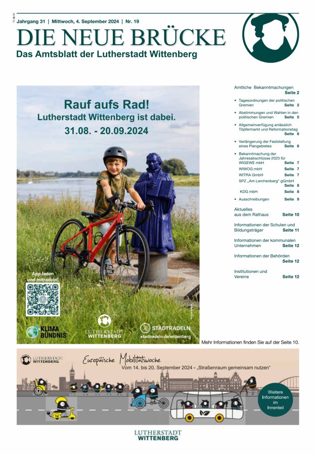 Die neue Brücke – Das Amtsblatt der Lutherstadt Wittenberg Titelblatt 19/2024