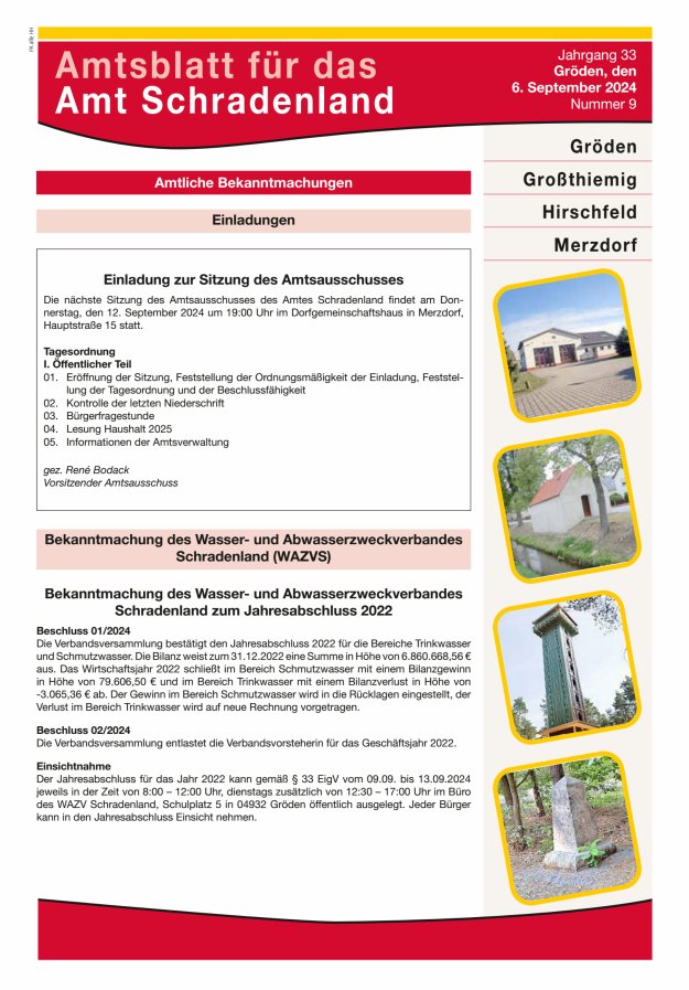 Amtsblatt für das Amt Schradenland Titelblatt 09/2024