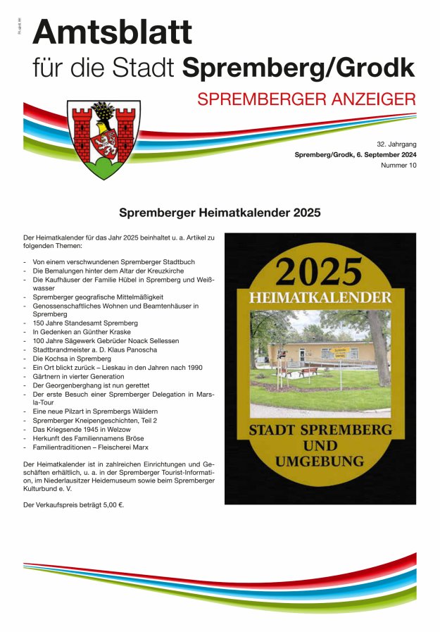 Amtsblatt für die Stadt Spremberg/Grodk – Spremberger Anzeiger Titelblatt 10/2024