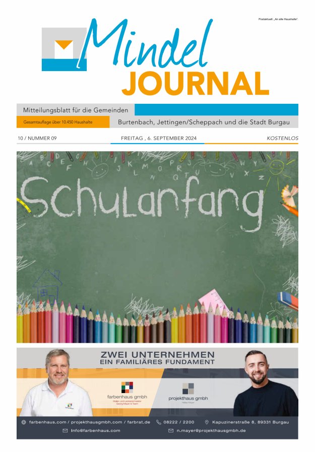 Mindeljournal Freies Blatt für Burgau Burtenbach Jettingen-Scheppach Titelblatt 09/2024