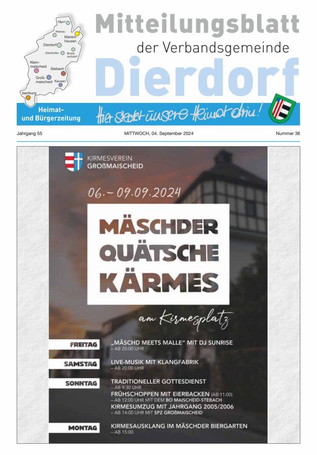 Mitteilungsblatt der Verbandsgemeinde Dierdorf Titelblatt 36/2024