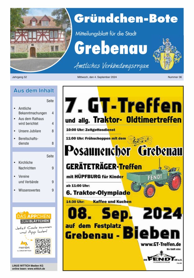 Grebenau - Gründchen Bote - Mitteilungsblatt für die Stadt Grebenau Titelblatt 36/2024