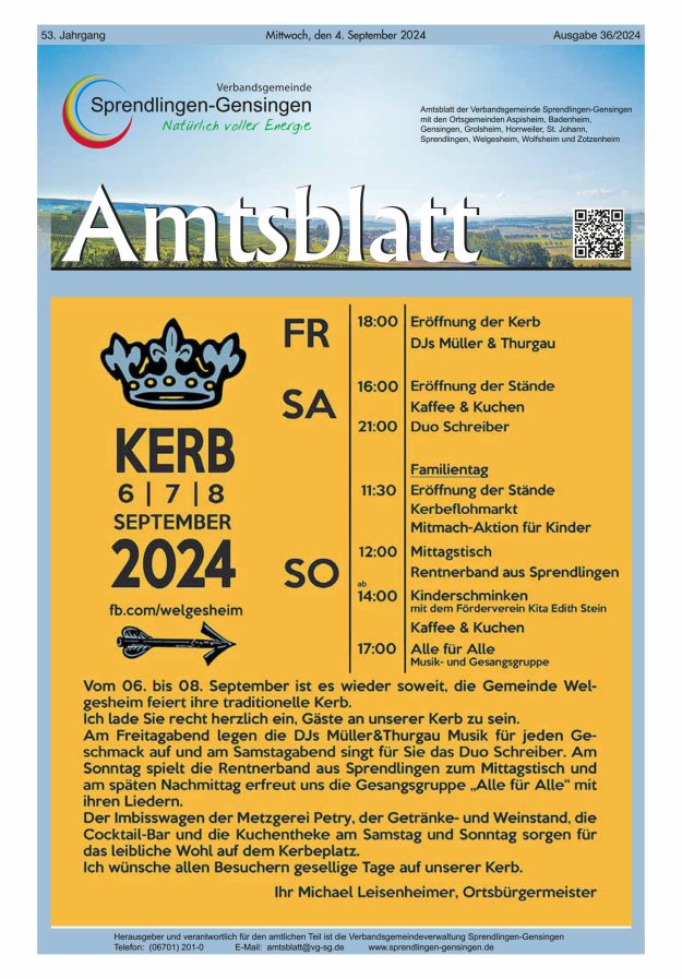 Amtsblatt VG Sprendlingen-Gensingen Titelblatt 36/2024