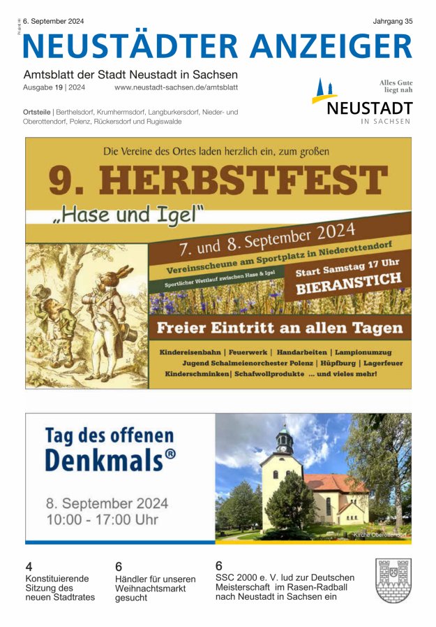 Neustädter Anzeiger - Amts- und Heimatblatt der Stadt Neustadt in Sachsen Titelblatt 19/2024