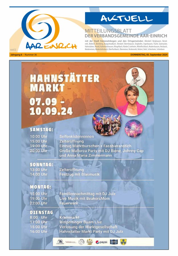 Mitteilungsblatt der Verbandsgemeinde Aar-Einrich Ausgabe Katzenelnbogen Titelblatt 36/2024