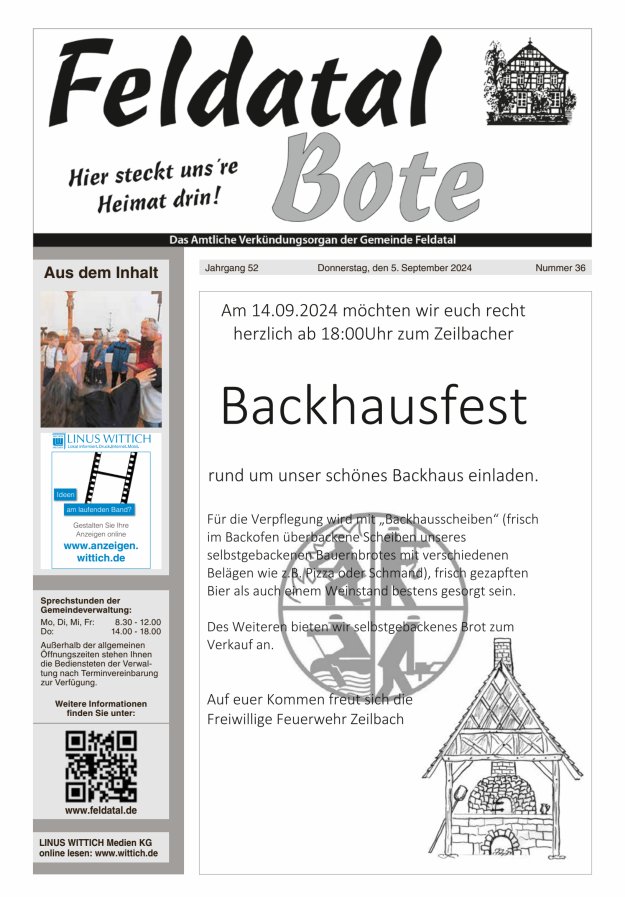 Das Amtliche Verkündungsorgan der Gemeinde Feldatal Titelblatt 36/2024