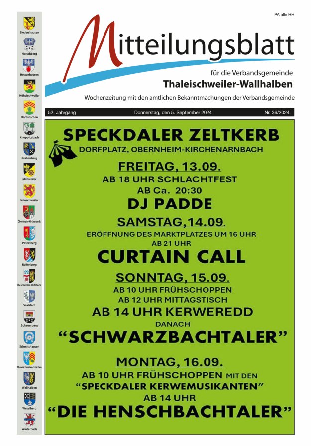 Mitteilungsblatt VG Thaleischweiler-Wallhalben Titelblatt 36/2024