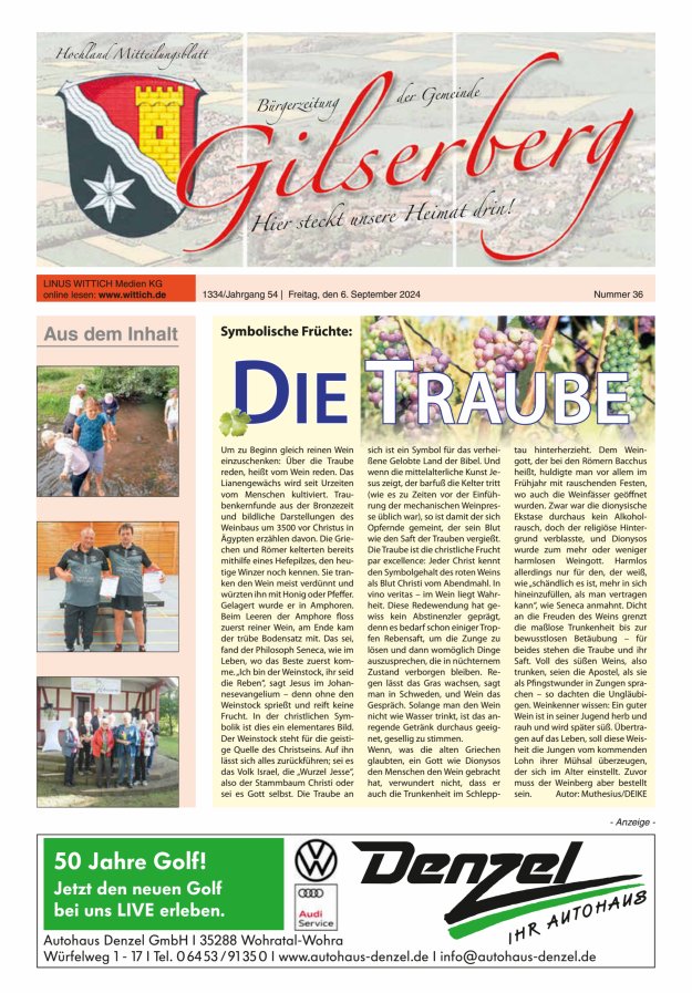 Hochland Mitteilungsblatt Gilserberg Titelblatt 36/2024
