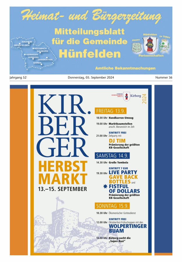 Mitteilungsblatt für die Gemeinde Hünfelden Titelblatt 36/2024