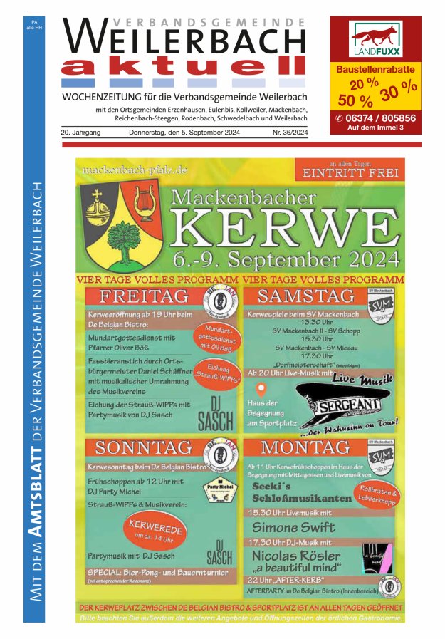 Verbandsgemeinde Weilerbach aktuell Titelblatt 36/2024