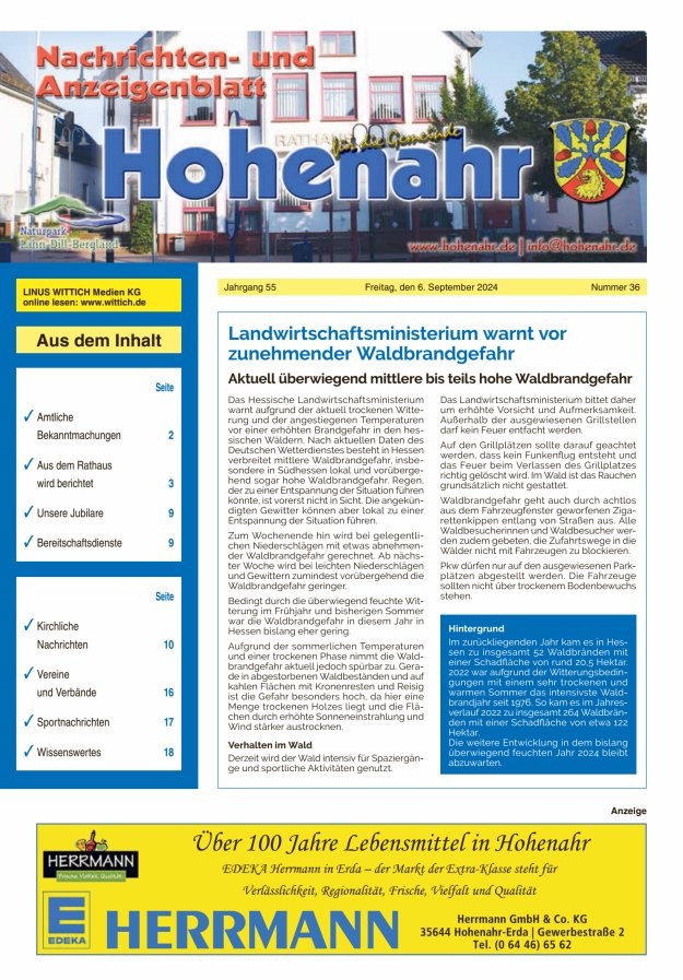 Nachrichten- und Anzeigenblatt für die Gemeinde Hohenahr Titelblatt 36/2024