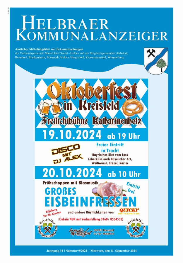 Helbraer Kommunalanzeiger – Amtliches Mitteilungsblatt mit Bekanntmachungen Titelblatt 09/2024