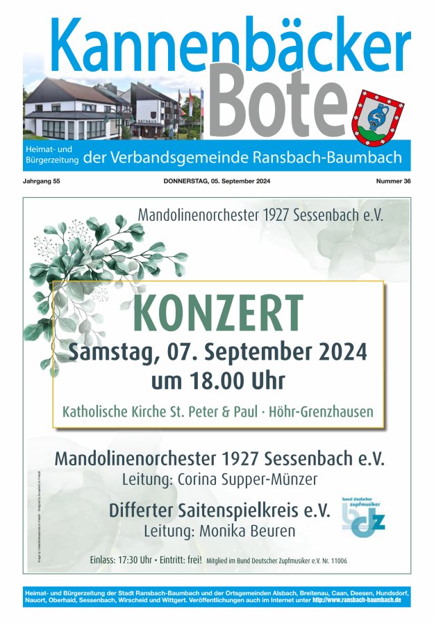 Kannenbäcker-Bote der Verbandsgemeinde Ransbach-Baumbach Titelblatt 36/2024
