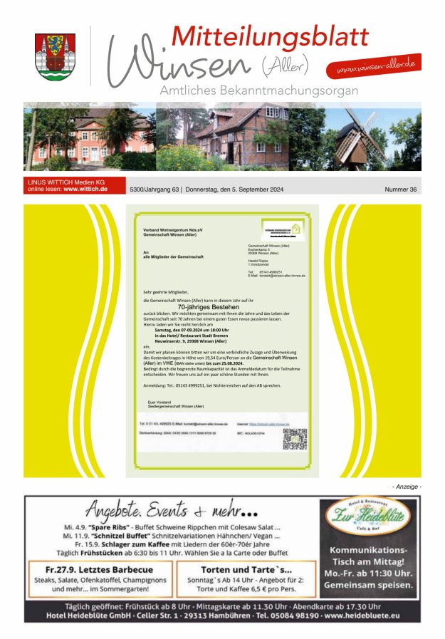 Mitteilungsblatt der Gemeinde Winsen Titelblatt 36/2024