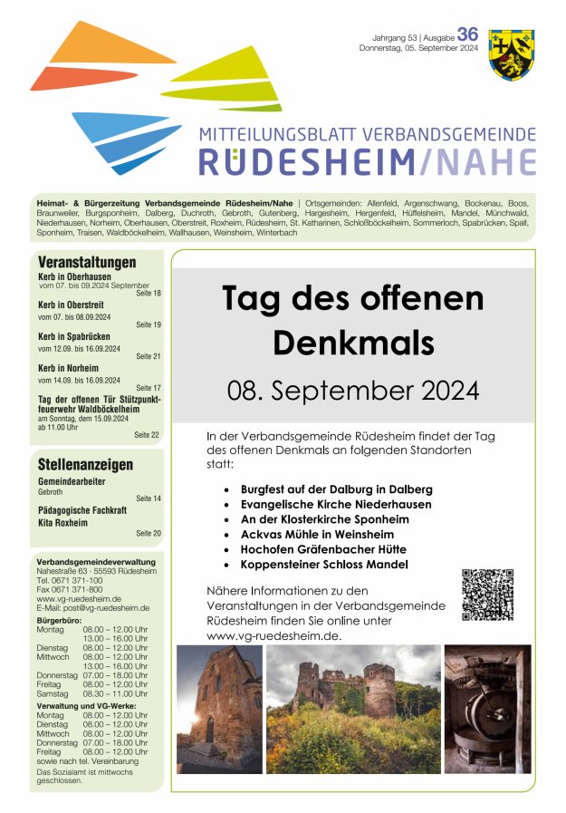 Mitteilungsblatt Verbandsgemeinde Rüdesheim und zugehörige Ortsgemeinden Titelblatt 36/2024