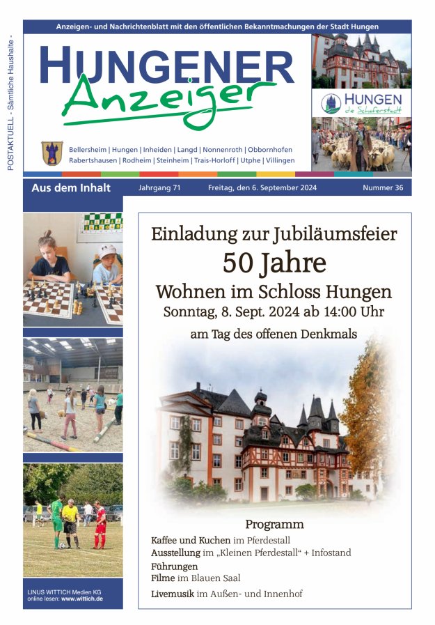 Anzeigen- und Nachrichtenblatt mit den öff  Bekanntmachungen der Stadt Hungen Titelblatt 36/2024