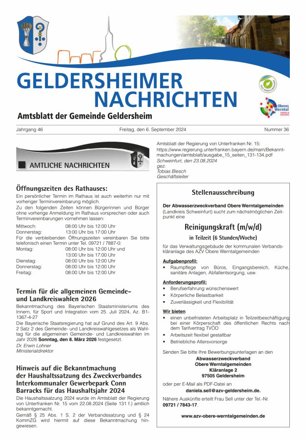 Geldersheimer Nachrichten Amtsblatt der Gemeinde Geldersheim Titelblatt 36/2024