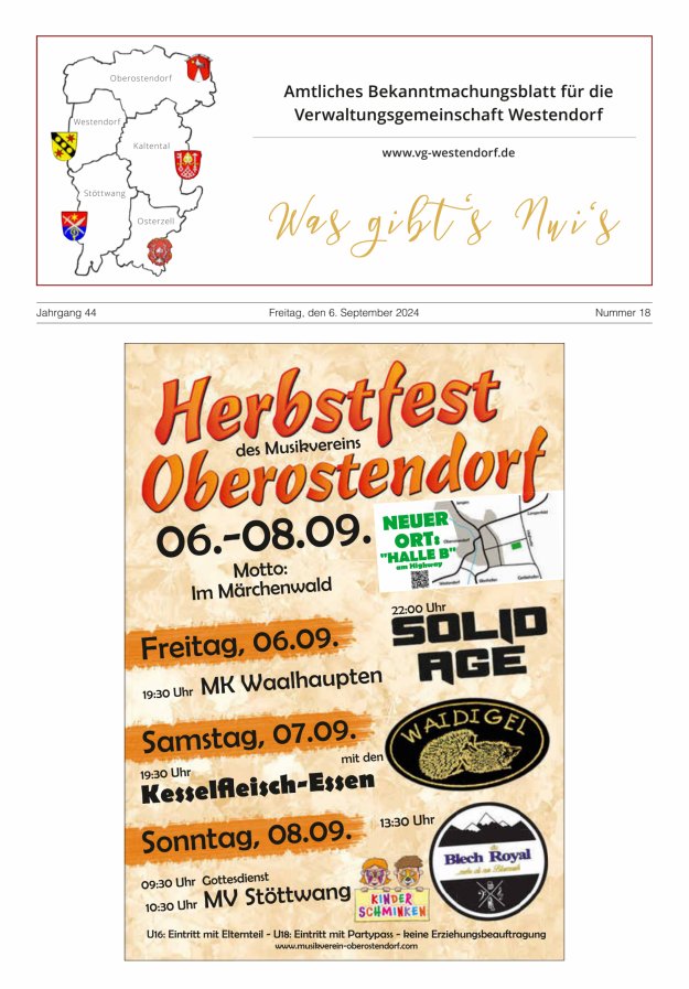 Was gibt's Nui's Amtliches Bekanntmachungsblatt für die VG Westendorf Titelblatt 18/2024