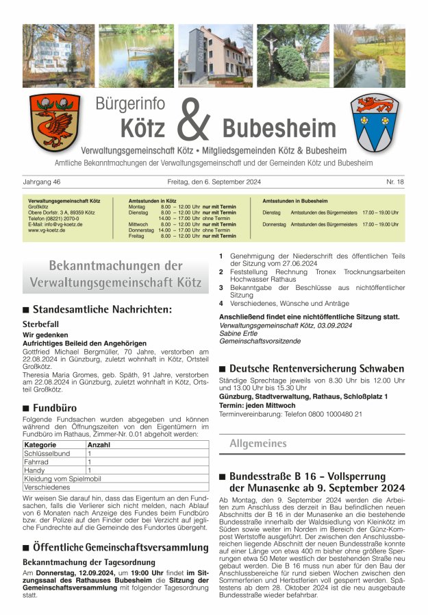 Amtsblatt der VG Kötz und der Mitgliedsgemeinden Titelblatt 18/2024