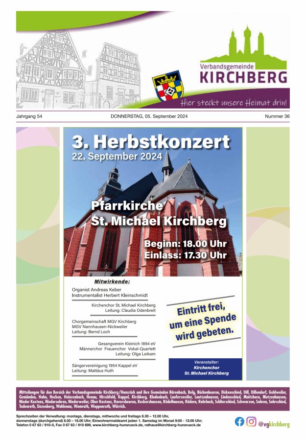 Mitteilungen der Verbandsgemeinde Kirchberg Hunsrück Titelblatt 36/2024