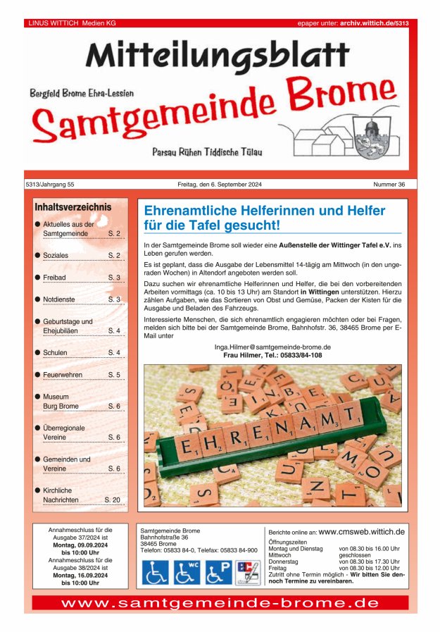 Mitteilungsblatt der Samtgemeinde Brome Titelblatt 36/2024