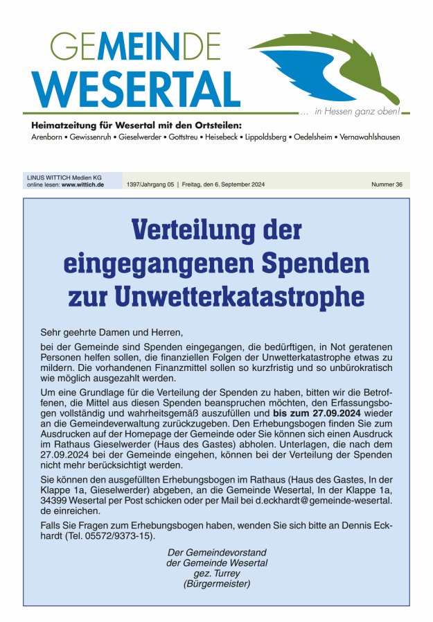 Wesertal Titelblatt 36/2024