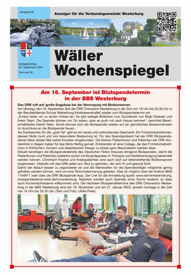 Wäller Wochenspiegel - Anzeiger für die Verbandsgemeinde Westerburg Titelblatt 36/2024